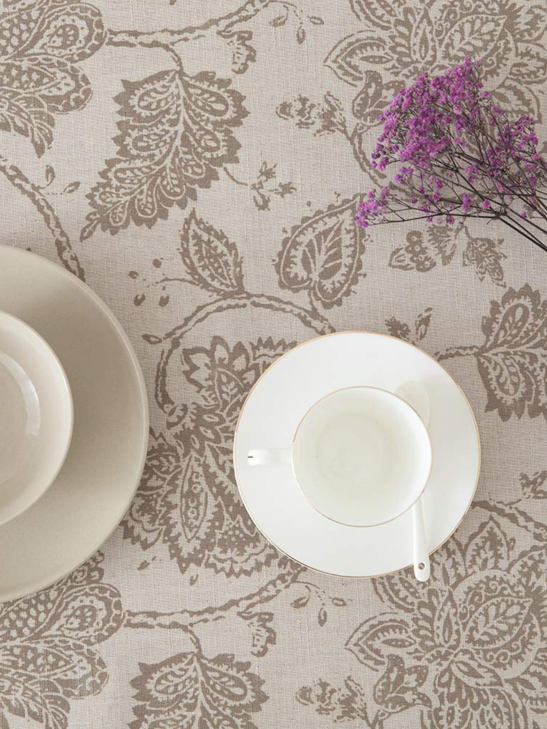 Floral Printed Cotton Tablecloth for Dining Table, Patio Table, Picnic Table, Hotel Buffet Table -  Biege